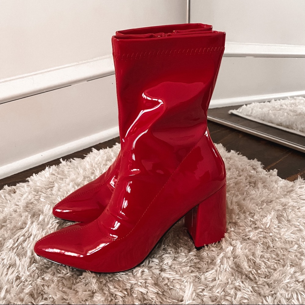 Red patent sock boots
